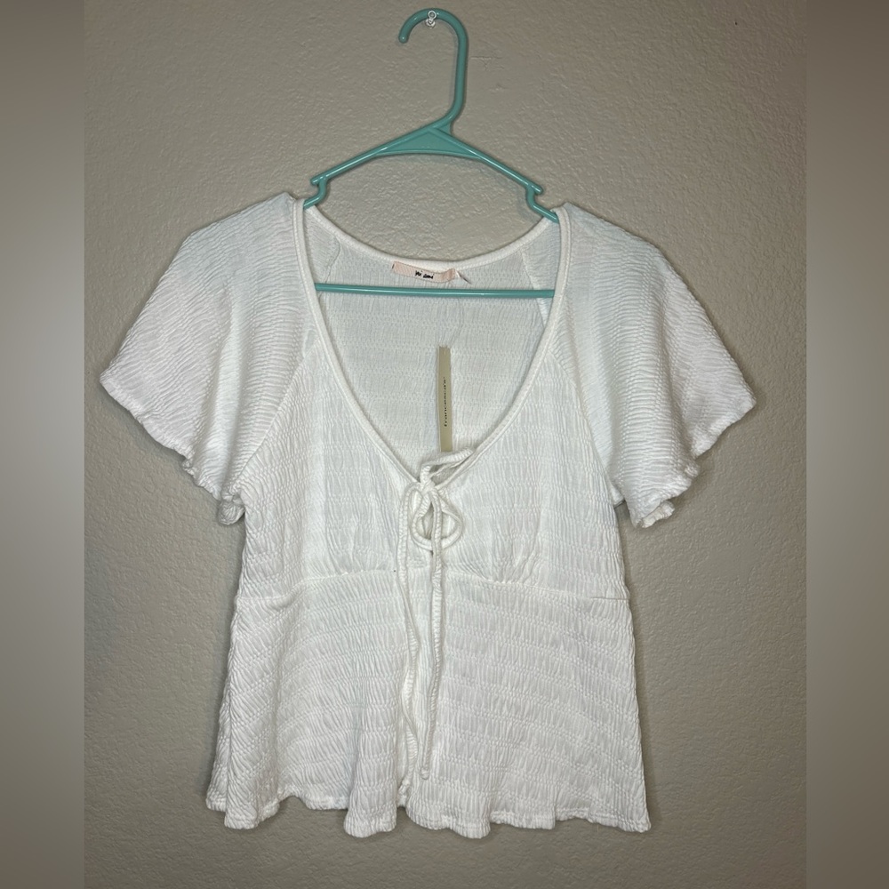 Francesca's Mi Ami Women’s Size Large Front Tie Crinkle Blouse White New W/ Tag